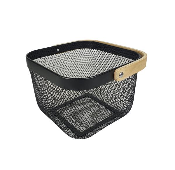 Aufbewahrungskorb Metall mit Holzgriff in schwarz 26x26x18cm